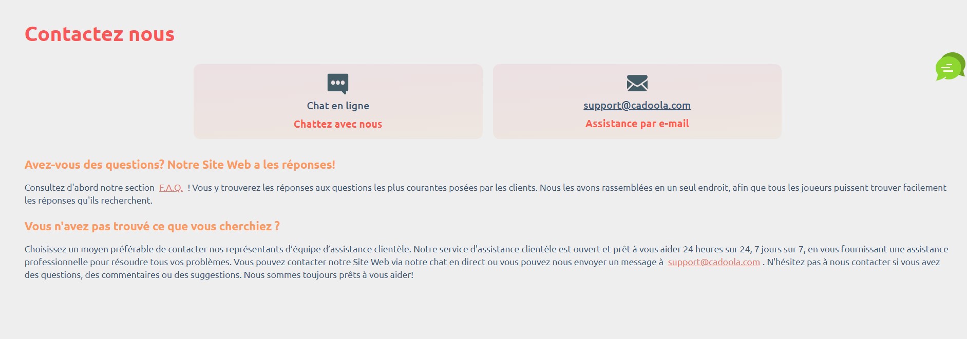 Méthodes de contact avec le casino Cadoola